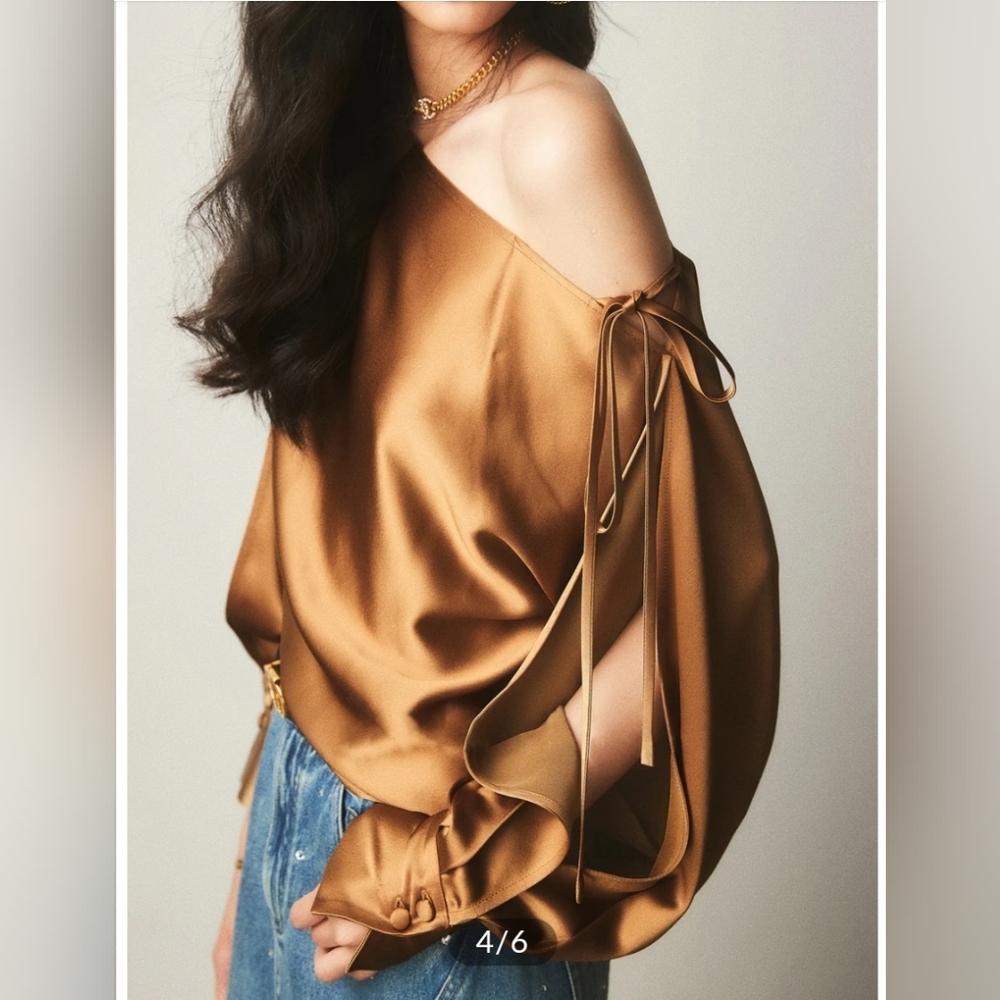 Satin Asymmetrical Cold Shoulder Tie Blouse